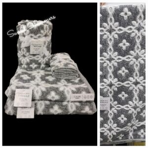 6pc Common Thread Plush Bath Hand Tip Towel Set Gray White Damask Zero Twist New